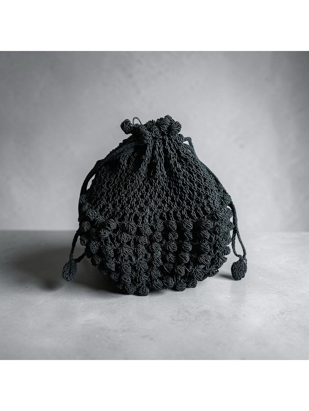 Vintage 1930s 40s Black Corded Crochet Handbag Drawstring Rosette Evening Purse